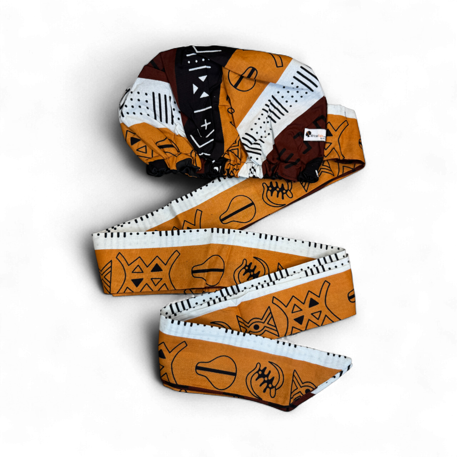 Easy headwrap / hoofddoek - Bruin & Geeloranje Kuba Blokken