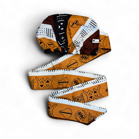 Easy headwrap / hoofddoek - Bruin & Geeloranje Kuba Blokken