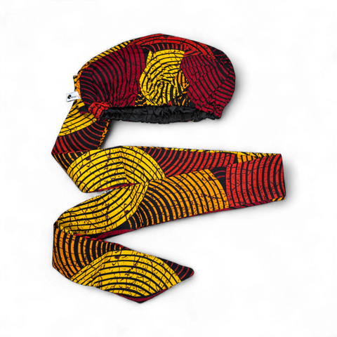 Easy headwrap / hoofddoek - Satijnen binnenkant - Rood & Geel Concentric