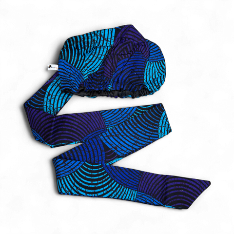 Easy headwrap / hoofddoek - Satijnen binnenkant - Blauw & Turquoise Concentric