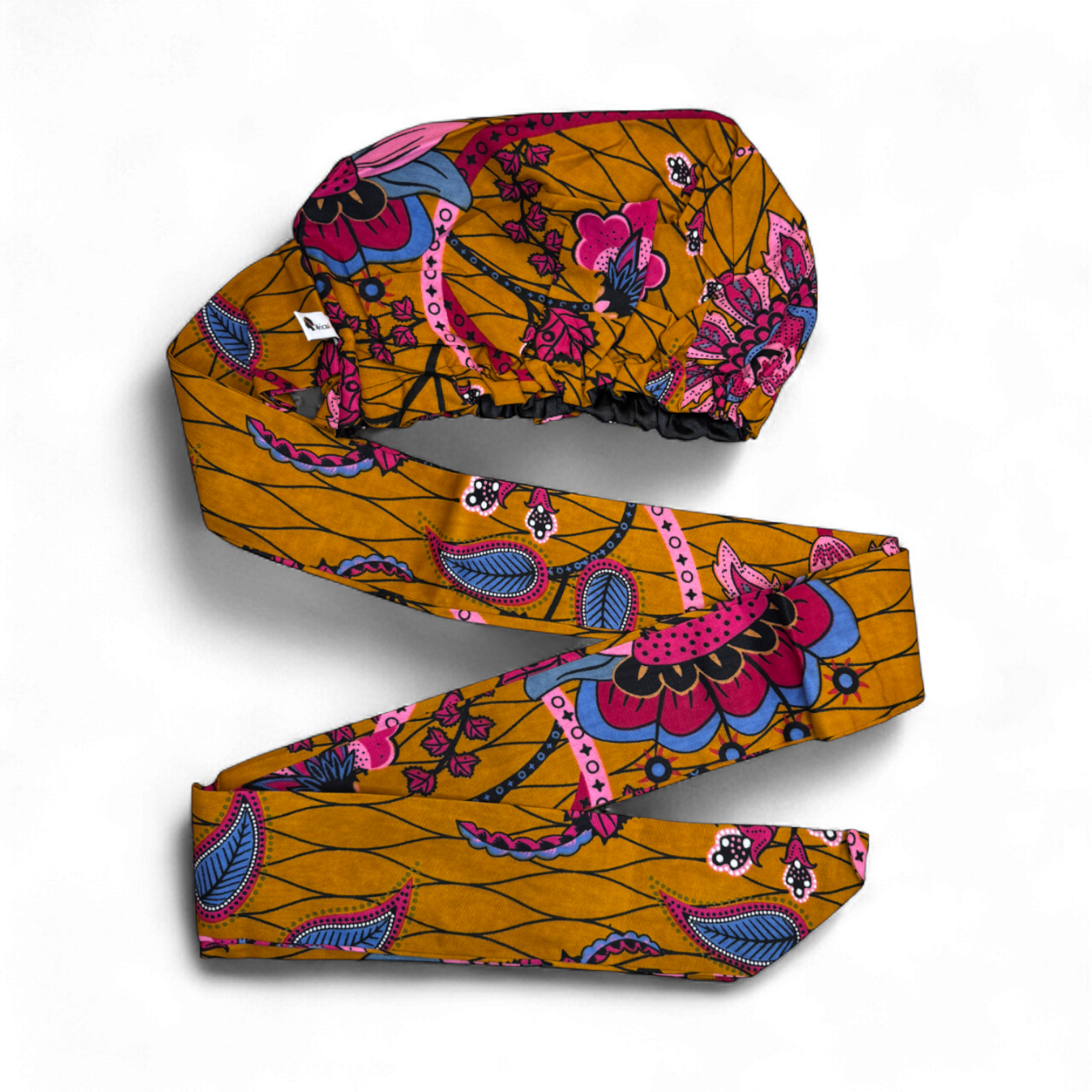 Easy headwrap / hoofddoek - Satijnen binnenkant - Mosterd & Roze