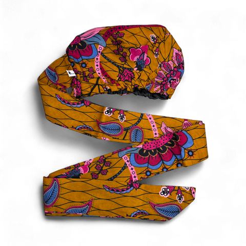 Easy headwrap / hoofddoek - Satijnen binnenkant - Mosterd & Roze