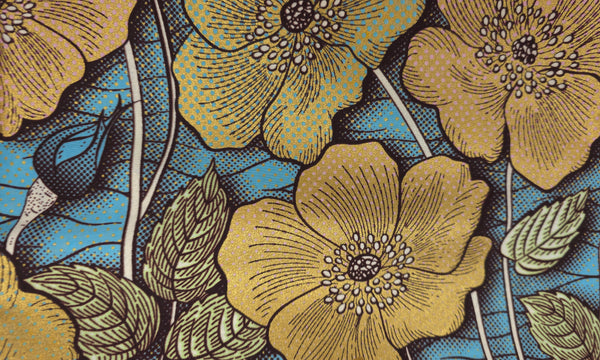Afrikaanse stof - Blauw Goud Vintage Garden Bloom - Special effect Brillant Platinum Edition
