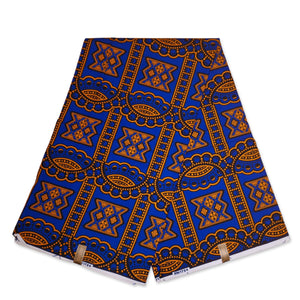 Afrikaanse stof - Blauw / oranje ancient - 100% katoen