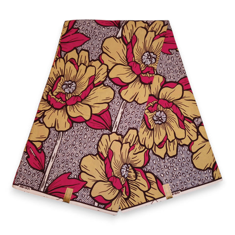Afrikaanse stof - Geel & Roze Bold Flowers - 100% katoen