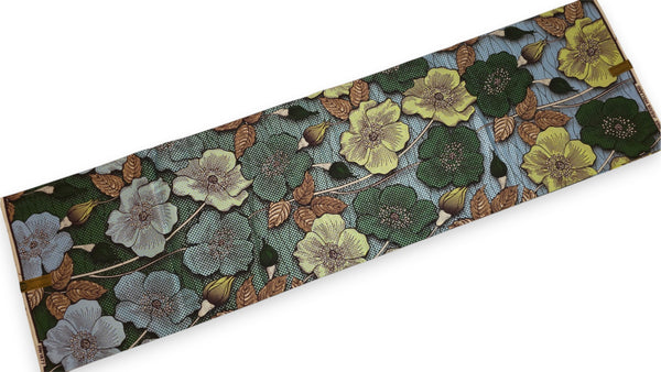 Afrikaanse stof - Groen Lichtblauw Vintage Garden Bloom - Special effect Brillant Platinum Edition