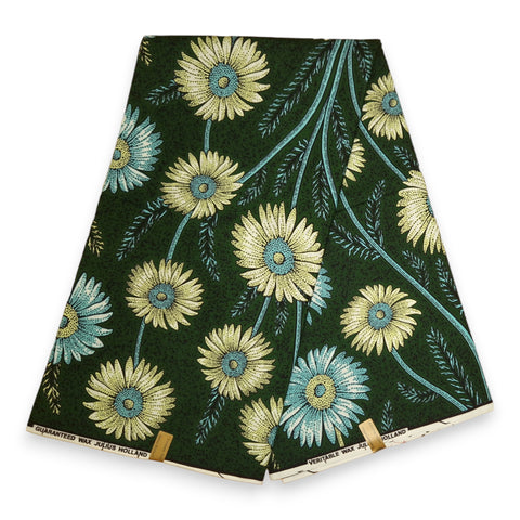 African Wax print fabric - Green and Light blue Forest Daisy Vines - 100% cotton