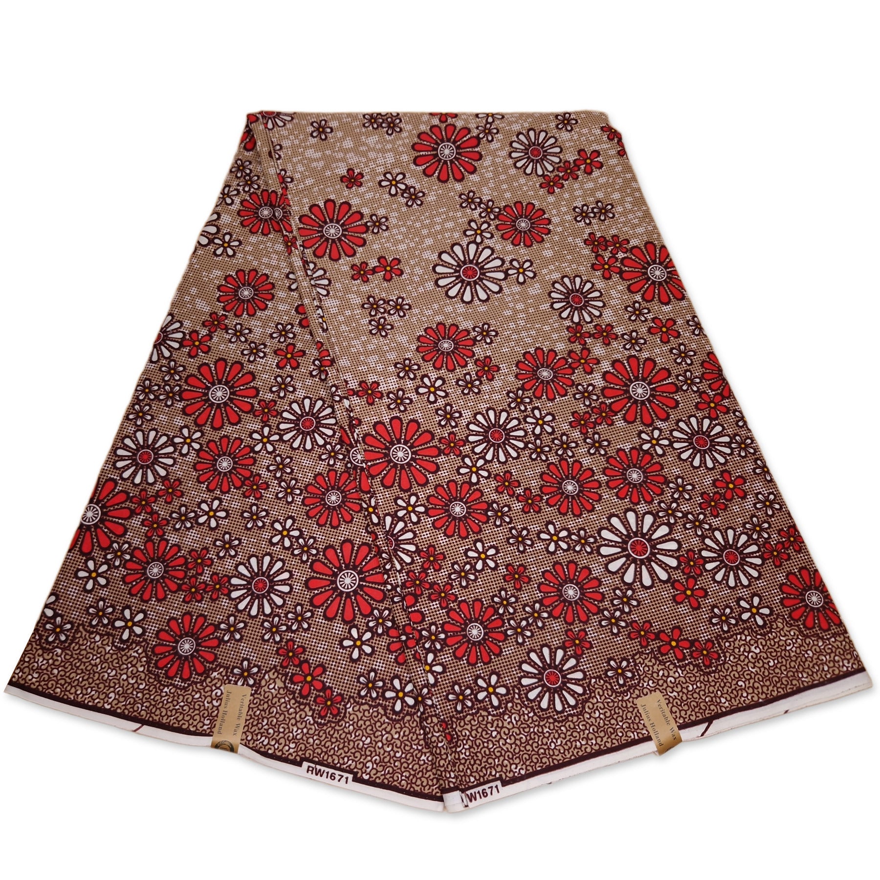 African Wax print fabric - Beige and Red Blossom Meadow Pattern - 100% cotton