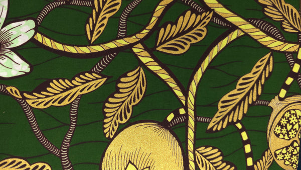 Afrikaanse stof - Groen Goud Cream Pomegranate Garden - Special effect Brillant Platinum Edition