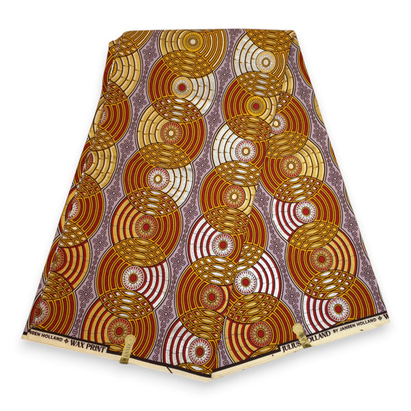 African Wax print fabric - Red Gold Retro Circles - Special effect Brillant Platinum Edition