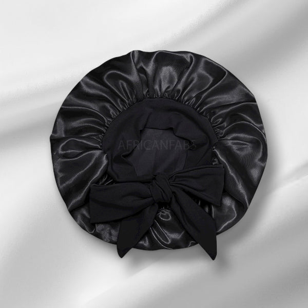 Zwart Satijnen slaapmuts met bandjes (kinderen / kindermaat 3-7 jaar) (Kinder Haar Bonnet)