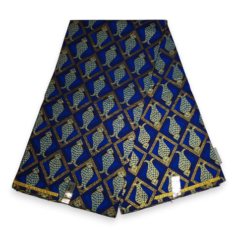 Afrikaanse stof - Exclusief versierd met glittereffecten 100% katoen - KT-3077 Goud Blauw