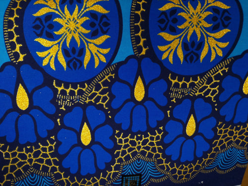 Afrikaanse stof - Exclusief versierd met glittereffecten 100% katoen - KT-3080 Goud Blauw