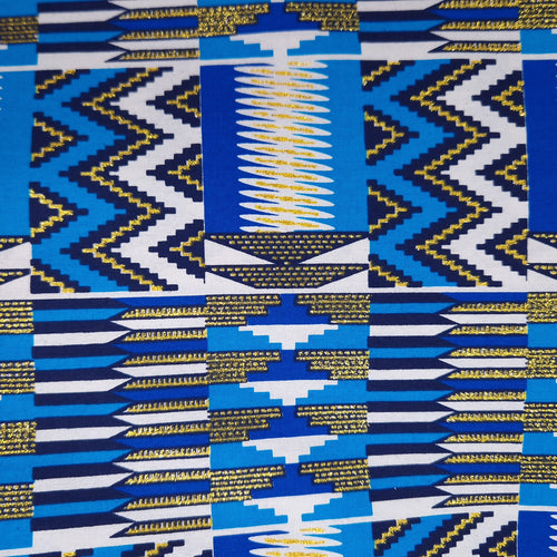 Afrikaanse stof - Exclusief versierd met glittereffecten 100% katoen - KT-3084 Kente Goud Blauw