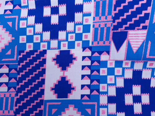 Afrikaanse stof - Exclusief versierd met glittereffecten 100% katoen - KT-3124-SALE Blauw Roze Goud Kente