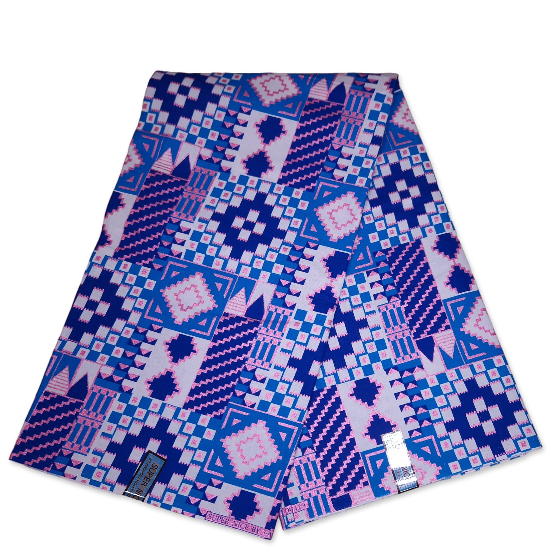Afrikaanse stof - Exclusief versierd met glittereffecten 100% katoen - KT-3124-SALE Blauw Roze Goud Kente