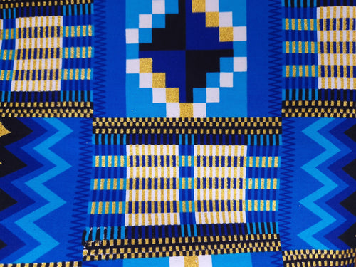 Afrikaanse stof - Exclusief versierd met glittereffecten 100% katoen - KT-3126 Kente Goud Blauw