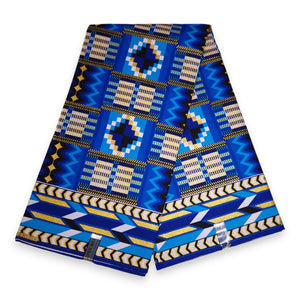 Afrikaanse stof - Exclusief versierd met glittereffecten 100% katoen - KT-3126 Kente Goud Blauw