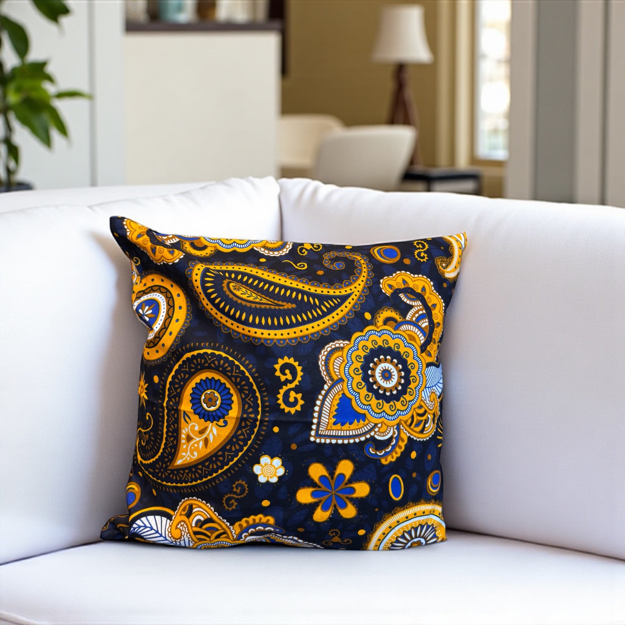 Afrikaans kussen | Marineblauw Geel Paisley - Sierkussen 45x45 - 100% Katoen