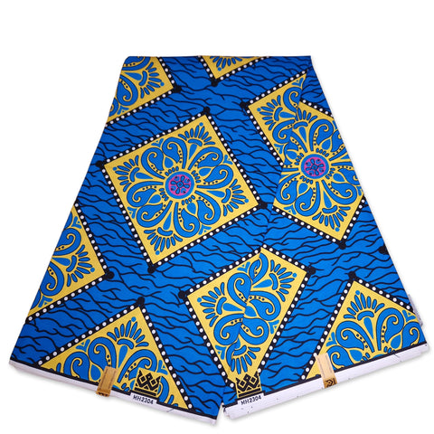 Afrikaanse stof - Blauw / geel Royal - 100% katoen