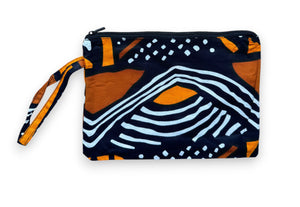 Afrikaanse wax print Make-up tasje / handtasje / etui / potloden mapje / pennentasje - Bruine / oranje Bogolan Symbols 