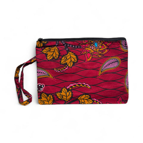 Afrikaanse wax print Make-up tasje / handtasje / etui / potloden mapje / pennentasje - Donkerrood & Geel Botanical Flow