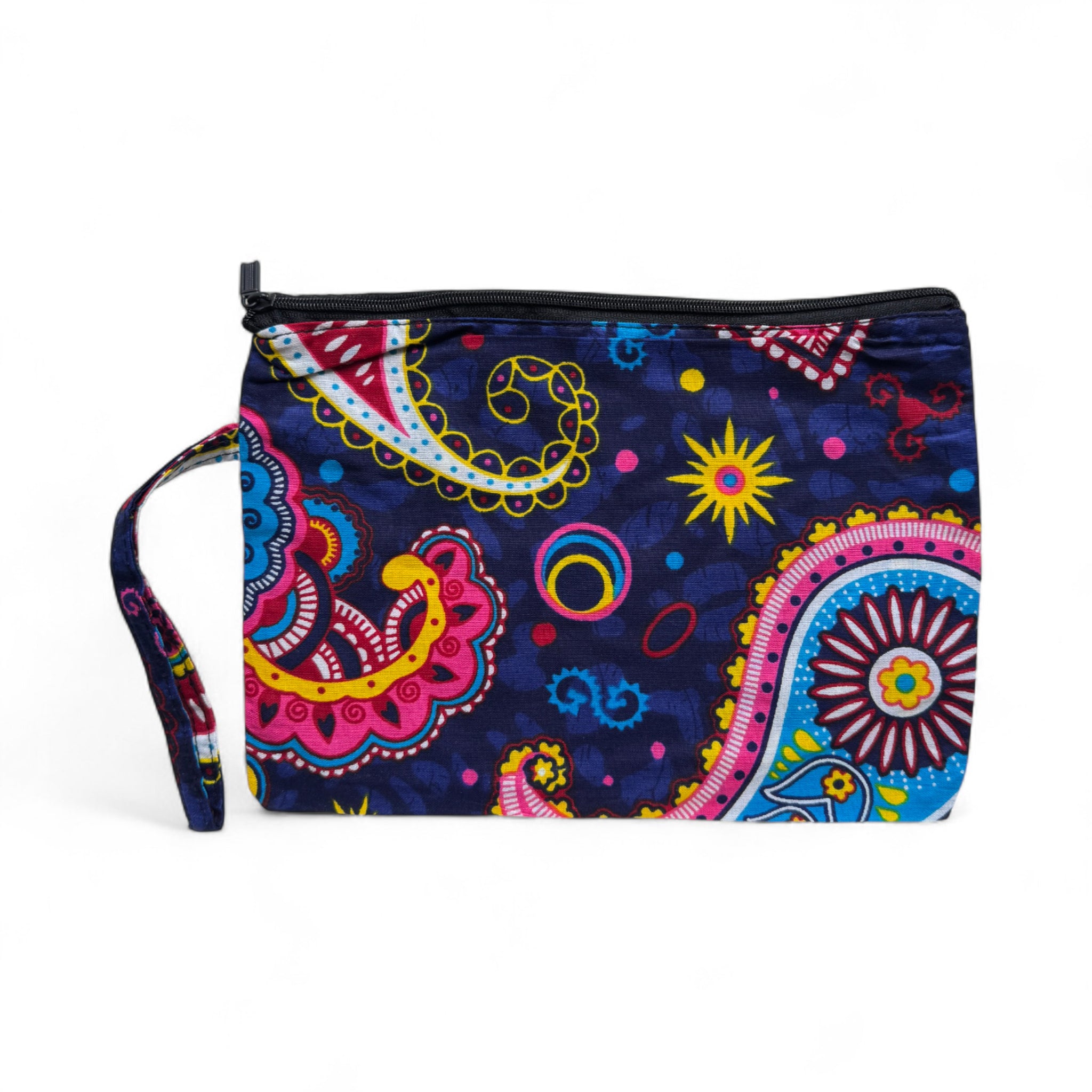 Afrikaanse wax print Make-up tasje / handtasje / etui / potloden mapje / pennentasje - Blauw Roze Paisley