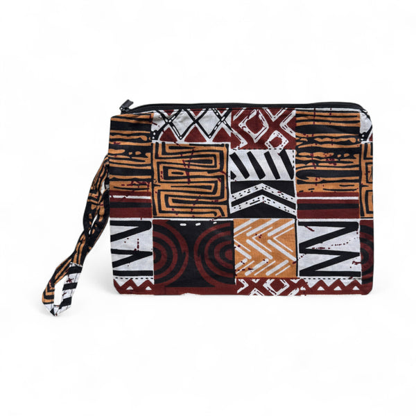 Afrikaanse wax print Make-up tasje / handtasje / etui / potloden mapje / pennentasje - Bruin Bogolan Mozaïek