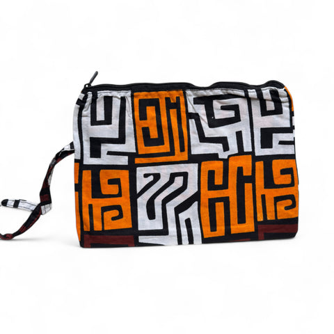 Afrikaanse wax print Make-up tasje / handtasje / etui / potloden mapje / pennentasje - Bruin & Geeloranje Kuba Blokken
