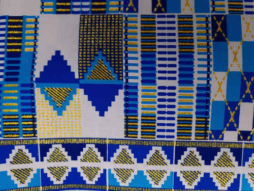 Afrikaanse stof - Exclusief versierd met glittereffecten 100% katoen -  PO-5003 Kente Goud Blauw