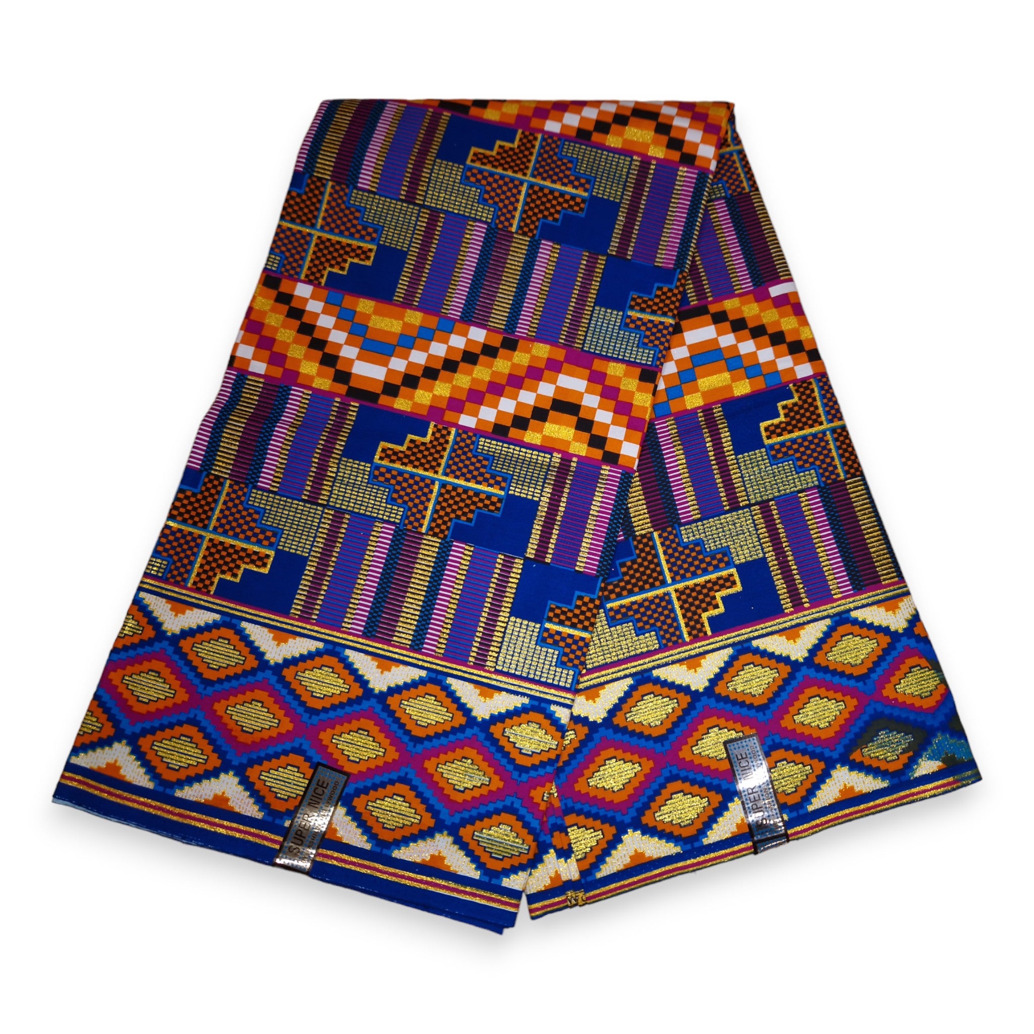 Afrikaanse stof - Exclusief versierd met glittereffecten 100% katoen - PO-5005 Kente Blauw Goud Mulitcolor