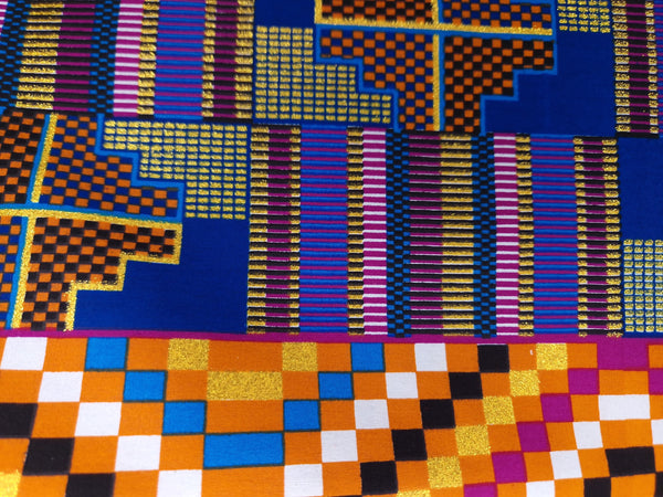 Afrikaanse stof - Exclusief versierd met glittereffecten 100% katoen - PO-5005 Kente Blauw Goud Mulitcolor