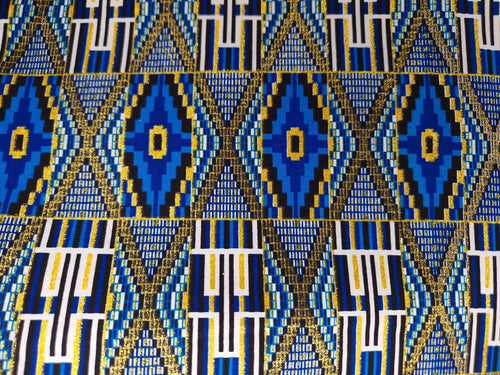 Afrikaanse stof - Exclusief versierd met glittereffecten 100% katoen - PO-5020 Kente Blauw Goud