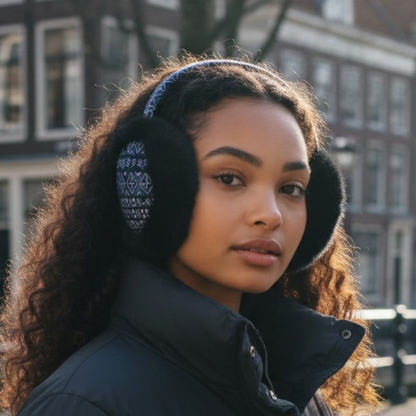 Afrikaanse Print Oorwarmers / Earmuffs - Inklapbaar Wintermodel - Blauwe Bogolan