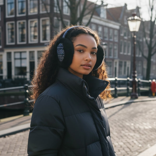 Afrikaanse Print Oorwarmers / Earmuffs - Inklapbaar Wintermodel - Blauwe Bogolan