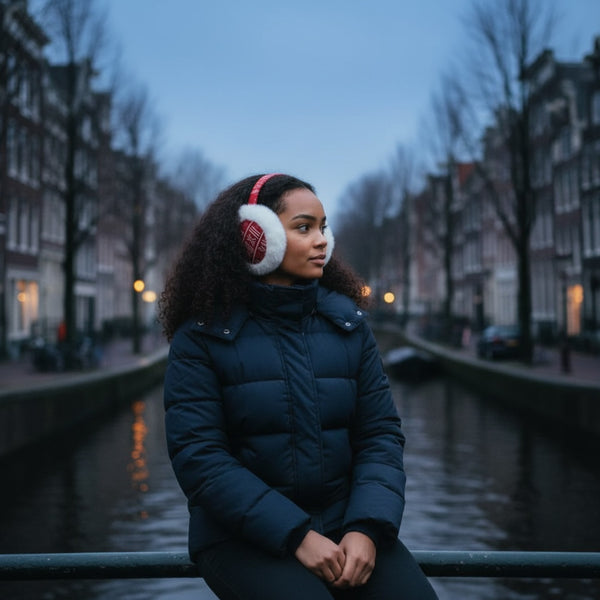 Afrikaanse Print Oorwarmers / Earmuffs - Inklapbaar Wintermodel - Rood Witte Bogolan