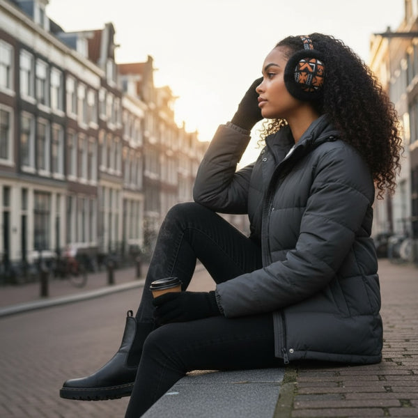 Afrikaanse Print Oorwarmers / Earmuffs - Inklapbaar Wintermodel - Bruine Cross Bogolan