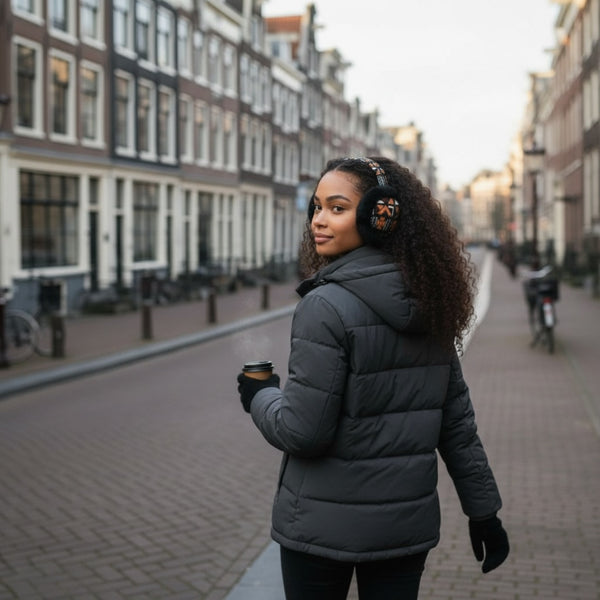 Afrikaanse Print Oorwarmers / Earmuffs - Inklapbaar Wintermodel - Bruine Cross Bogolan