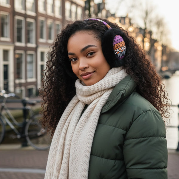 Afrikaanse Print Oorwarmers / Earmuffs - Inklapbaar Wintermodel - Roze Oranje Tribal