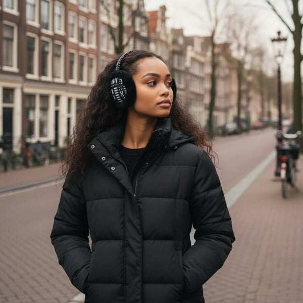 Afrikaanse Print Oorwarmers / Earmuffs - Inklapbaar Wintermodel - Zwart Witte Bogolan