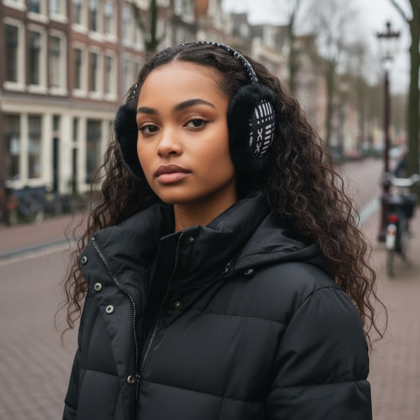 Afrikaanse Print Oorwarmers / Earmuffs - Inklapbaar Wintermodel - Zwart Witte Bogolan