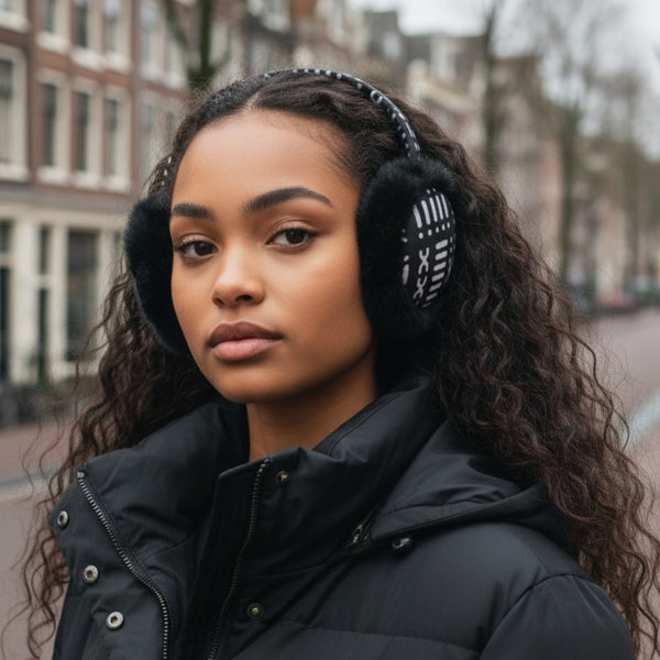 Afrikaanse Print Oorwarmers / Earmuffs - Inklapbaar Wintermodel - Zwart Witte Bogolan