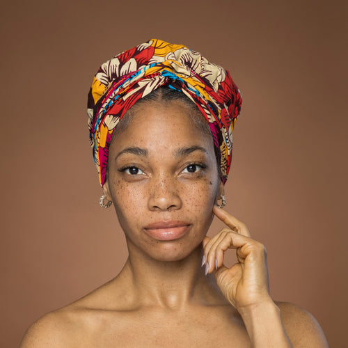 XL Easy headwrap / hoofddoek - Satijnen binnenkant - Rood Blauw Flowers