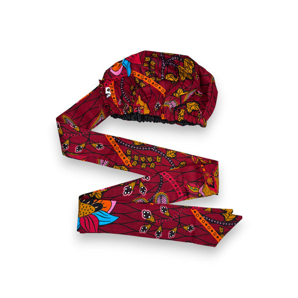 XL Easy headwrap / hoofddoek - Satijnen binnenkant - Rood Geel Botanical Flow