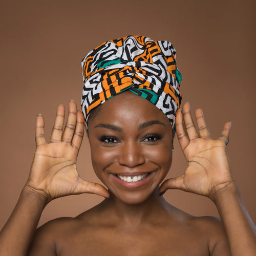 XL Easy headwrap / hoofddoek - Satijnen binnenkant - Petrol Geel Kuba Blocks Congo
