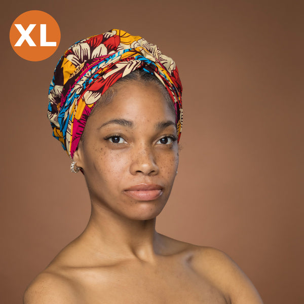 XL Easy headwrap - Satin lined hair bonnet - Red Blue Flowers