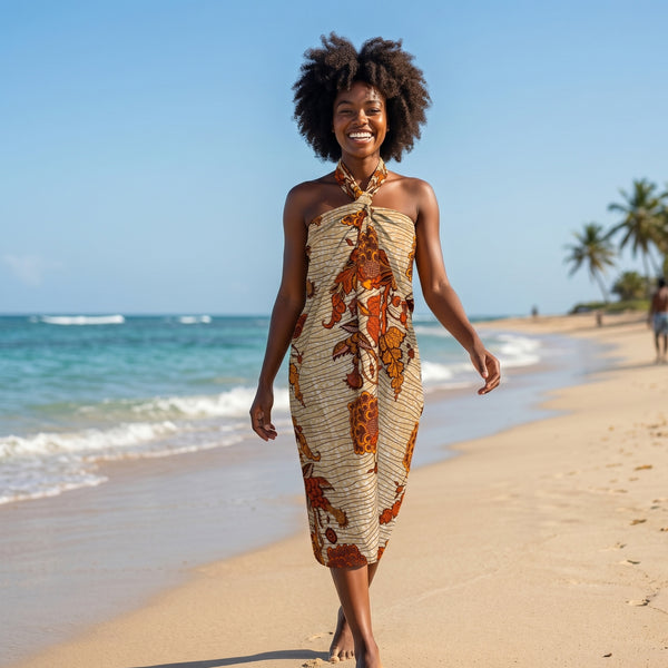 Sarong / pareo / pangi katoen - Strandkleding wikkelrok / omslagdoek / baby wrap - Beige / gele bloem