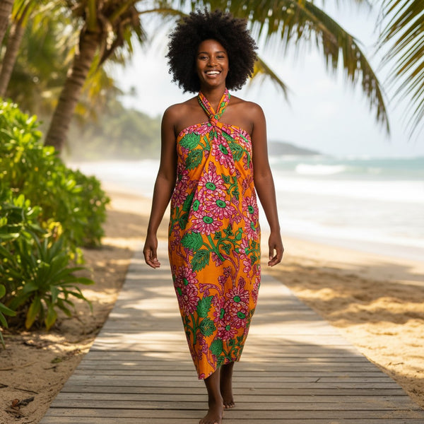 Sarong / pareo / pangi katoen - Strandkleding wikkelrok / omslagdoek / baby wrap - Oranje Roze Floral Vines