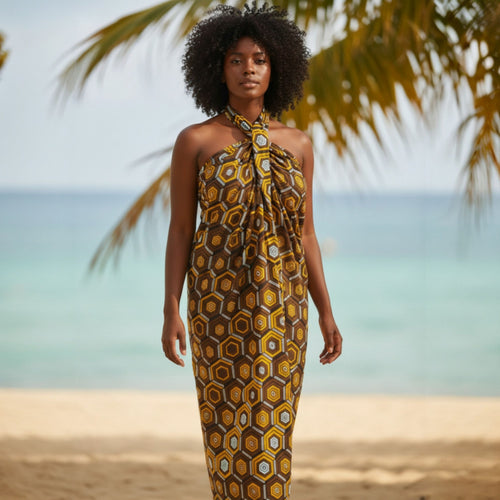 Sarong / pareo / pangi katoen - Strandkleding wikkelrok / omslagdoek / baby wrap - Bruine Hexagon