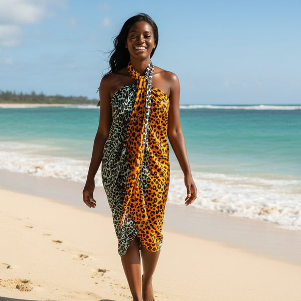 Sarong / pareo / pangi katoen - Strandkleding wikkelrok / omslagdoek / baby wrap - Panter oranje / turquoise